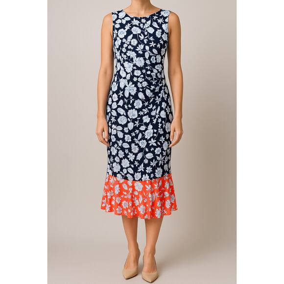 Eliza J Floral Print Midi Dress Blue White Orange Size 14 Mother of the Bride - Picture 1 of 7